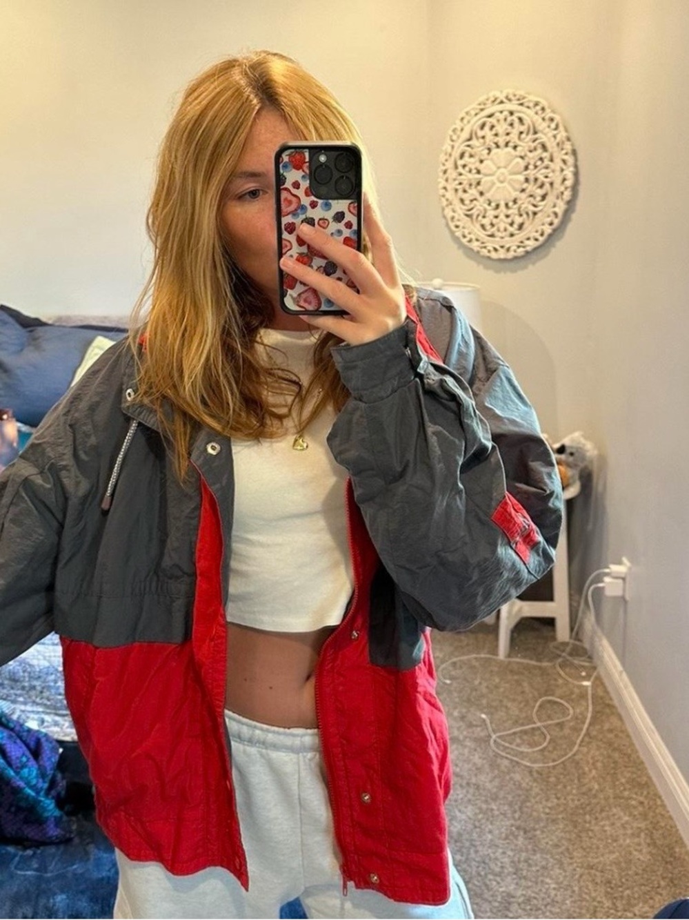 Colorblock Red & Gray Windbreaker Jacket - Women's